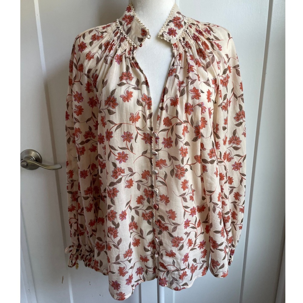 Kivari Marguerite Collared Blouse 10 US M 100% Cotton Floral Smocked Peasant Top